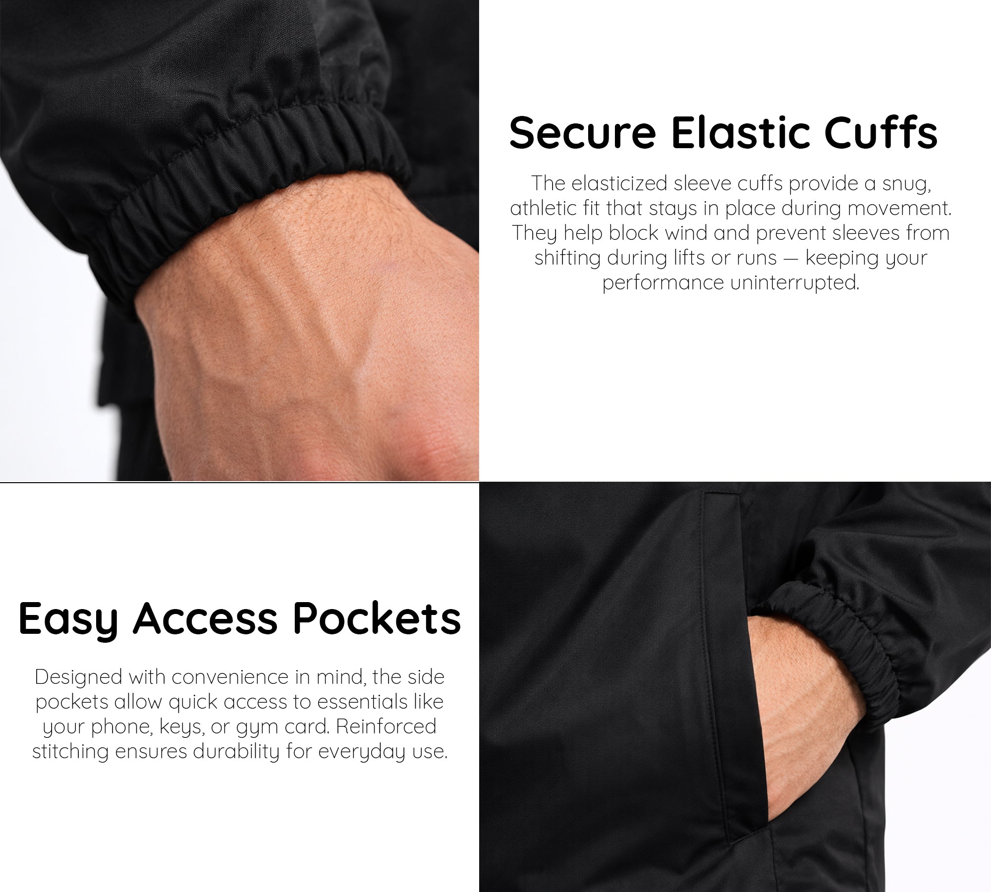 Detail view of tracksuit zipper and stitching for durability