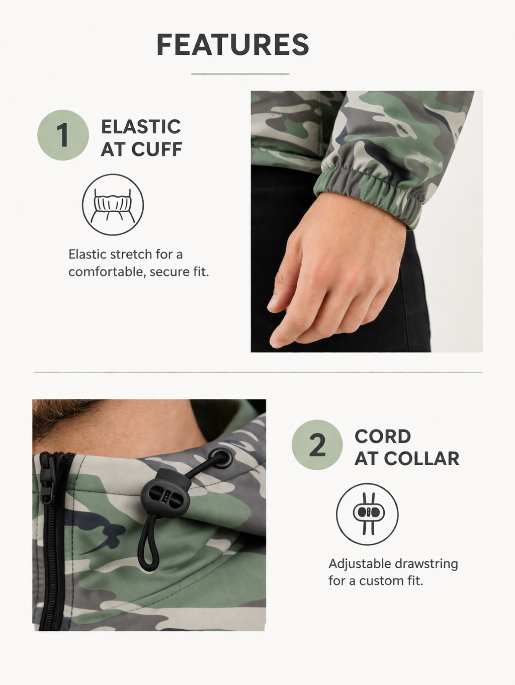 Men’s outdoor camo jacket with hood, breathable softshell fabric and zip closure