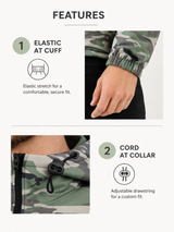 Men’s outdoor camo jacket with hood, breathable softshell fabric and zip closure