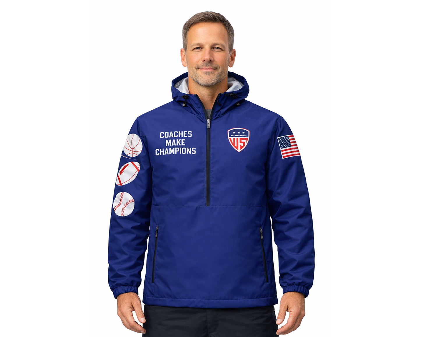 Men’s blue coach windbreaker jacket full zip front view
