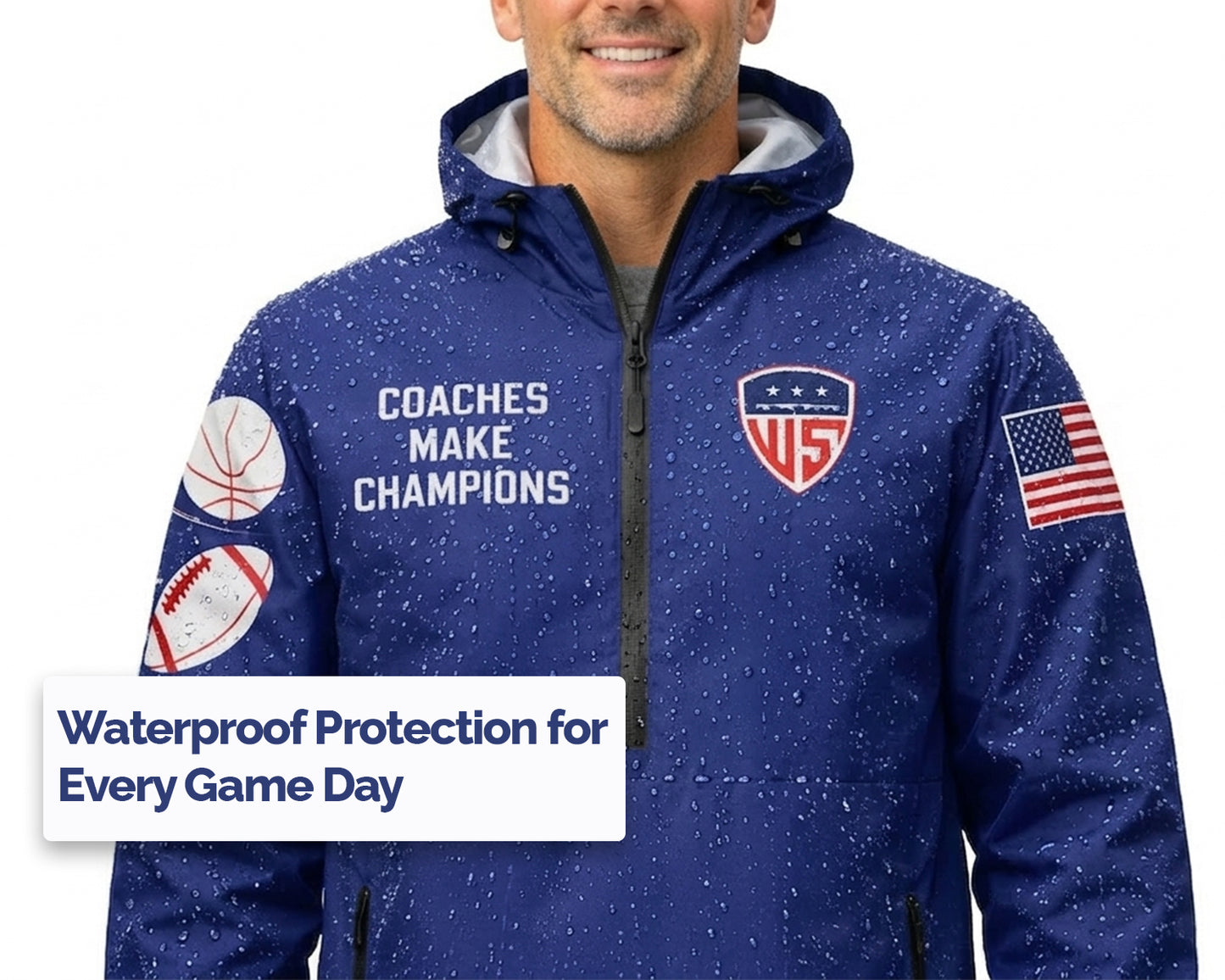 Coach sideline windbreaker jacket with adjustable hood and hem