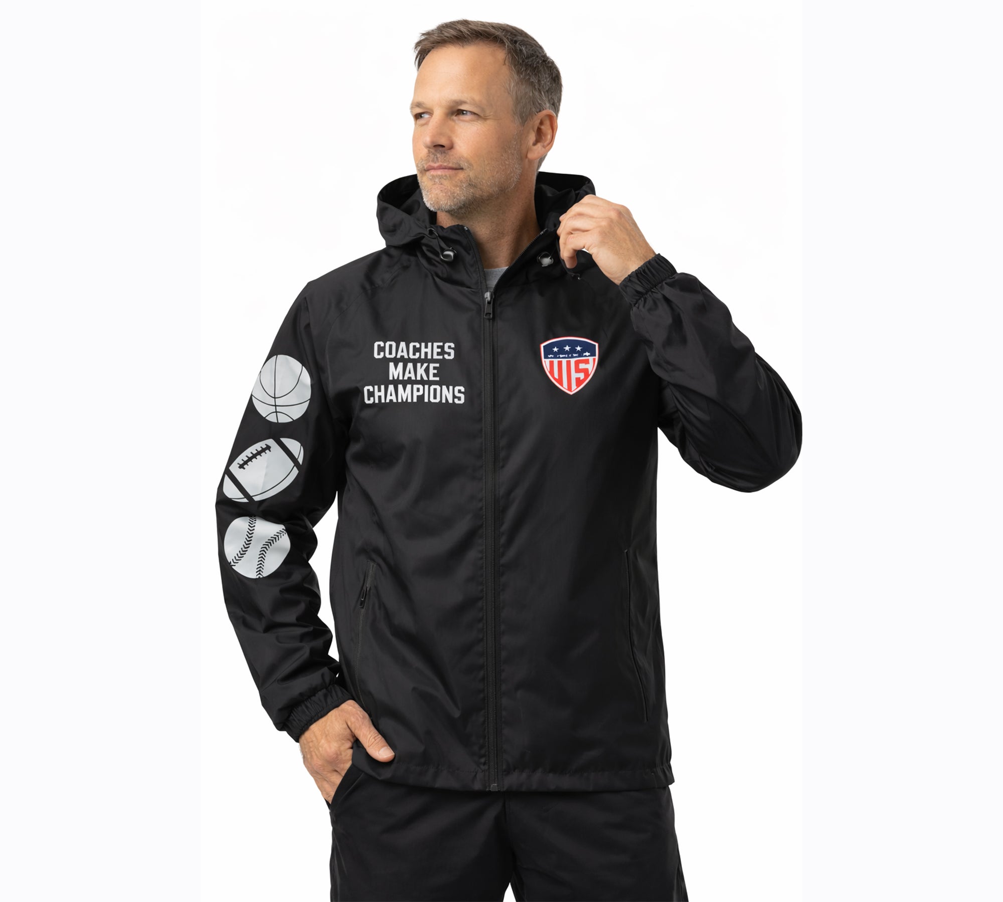 Men’s lightweight windbreaker coach jacket with hood and pockets