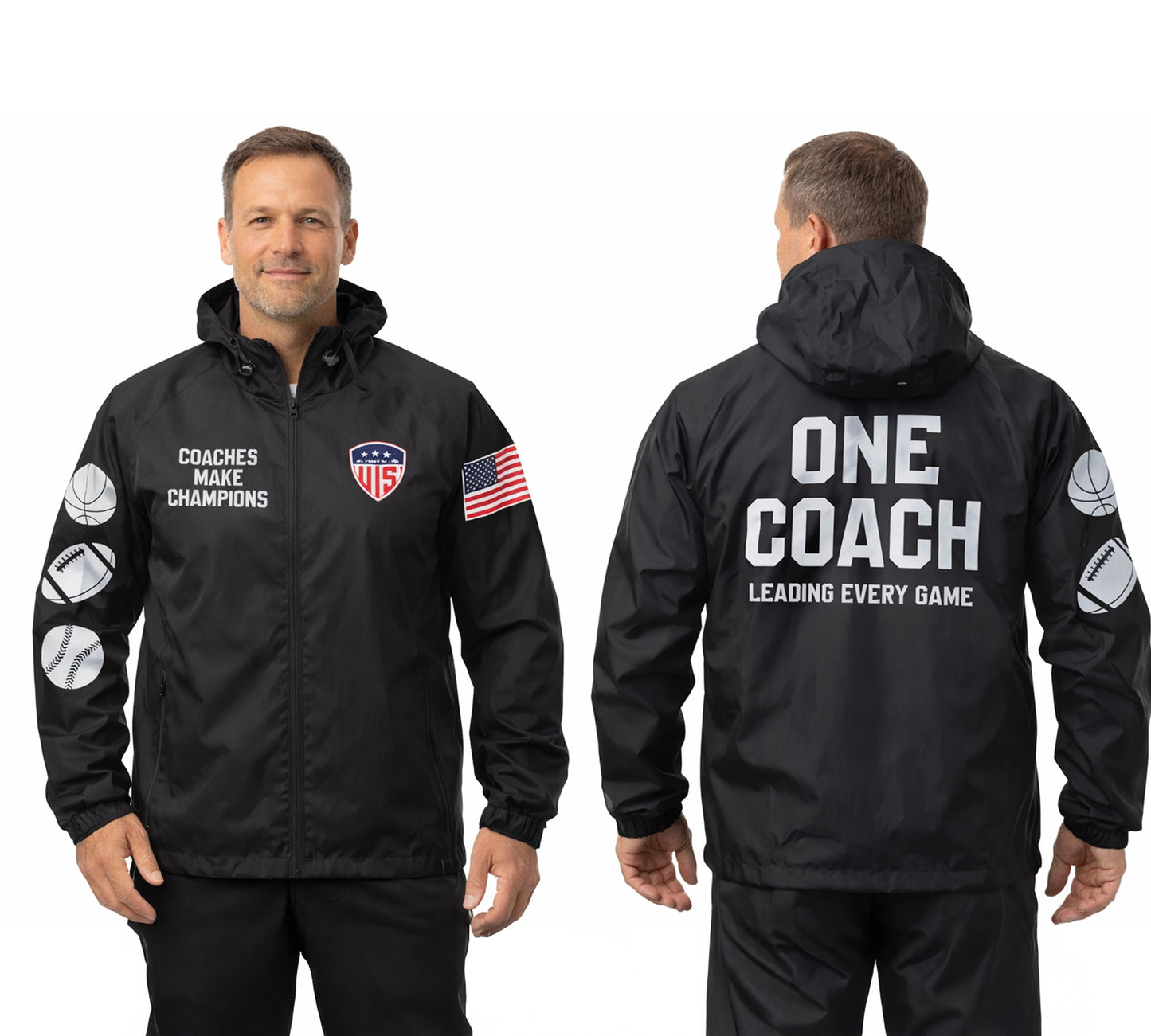 Black coach jacket windbreaker front and back view