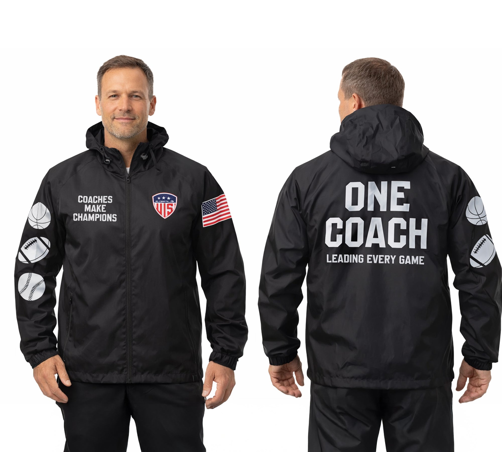 Black coach jacket windbreaker front and back view