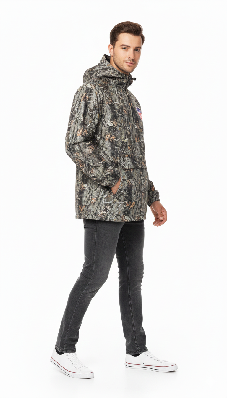 Men's Camouflage Anorak Windbreaker Jacket - Half-Zip Hooded Pullover Coat