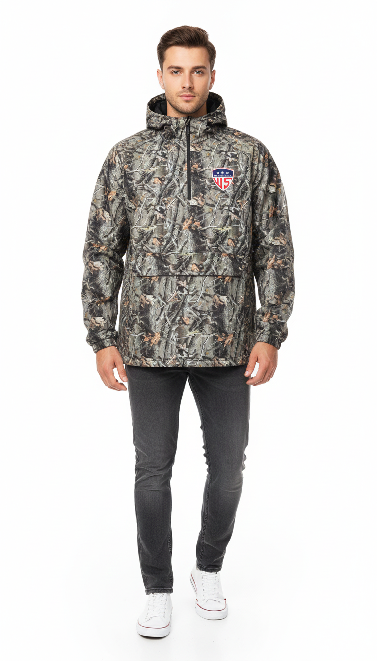 Men's Camouflage Anorak Windbreaker Jacket - Half-Zip Hooded Pullover Coat