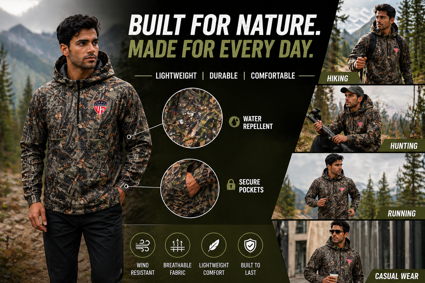 Men's Windbreaker Jacket - Half-Zip Hooded Pullover Coat