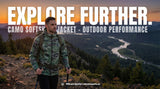 Green camouflage softshell jacket for men with hood and side pockets close-up view