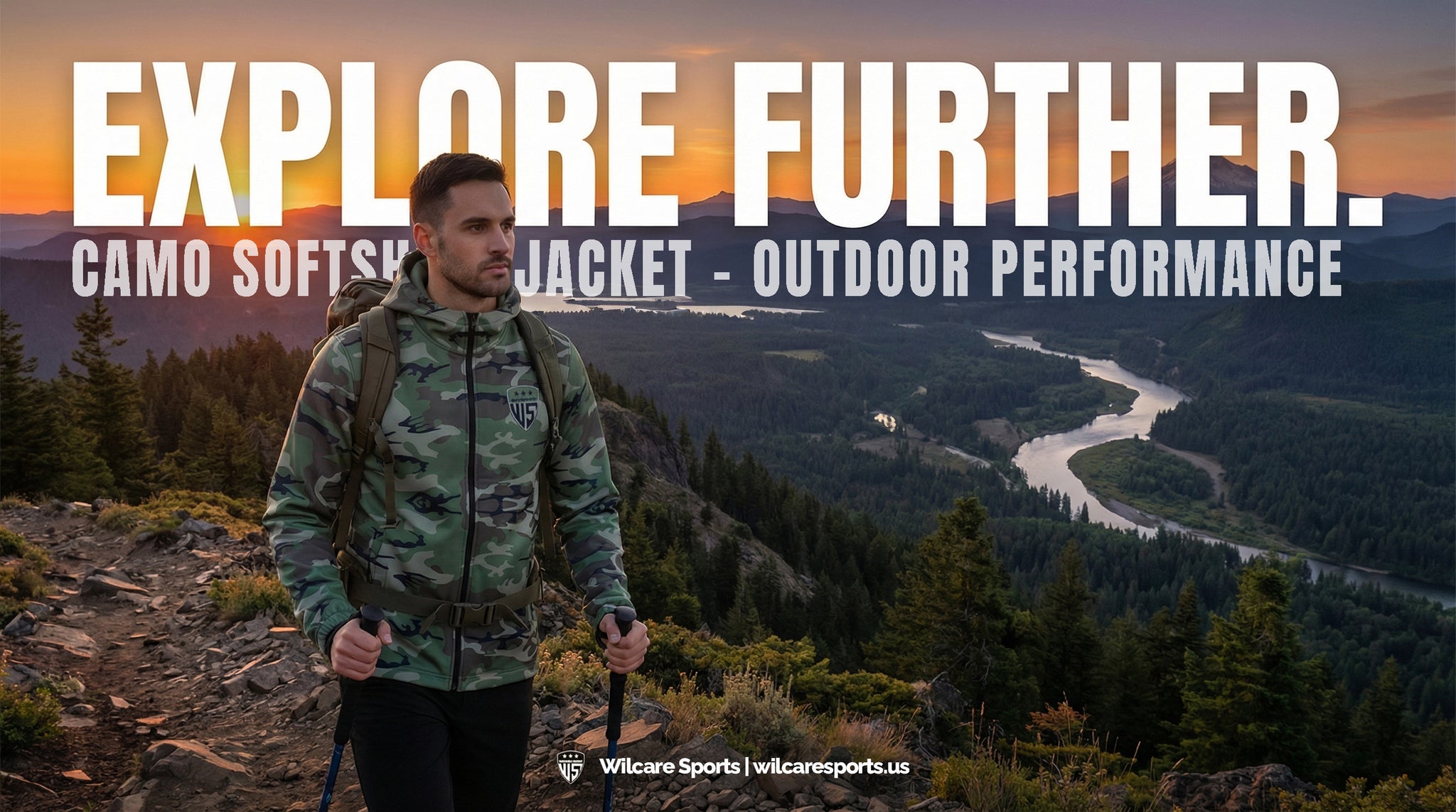 Green camouflage softshell jacket for men with hood and side pockets close-up view