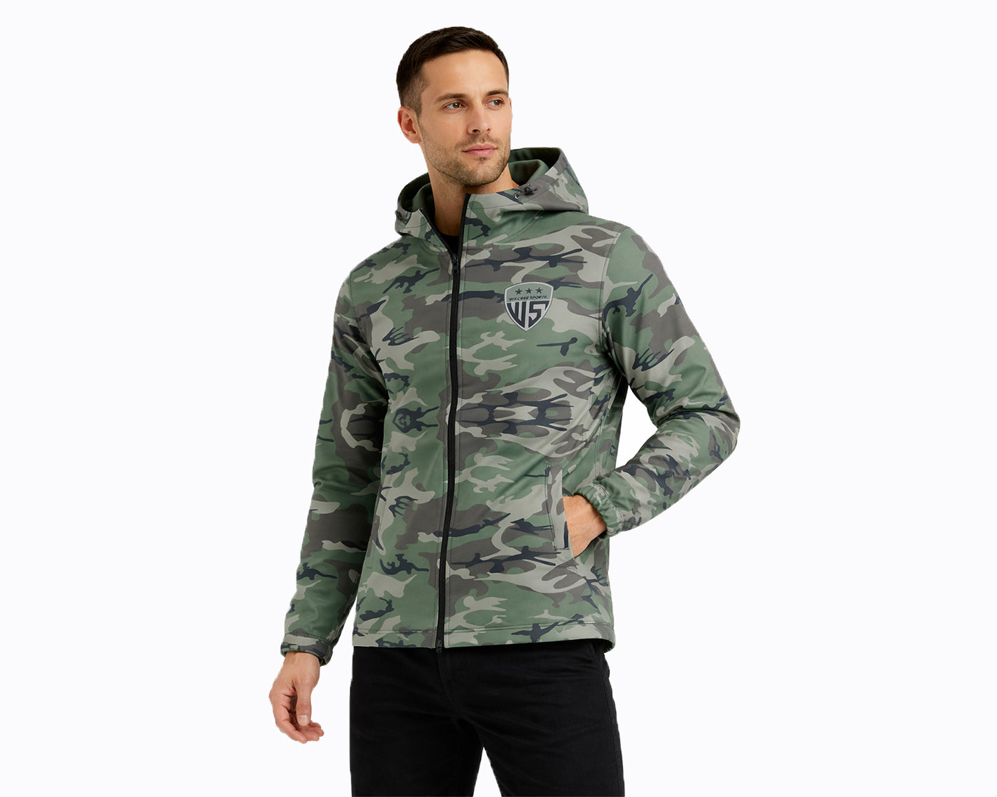 Wilcare men’s camouflage softshell jacket with hood and front zipper on white background