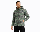 Wilcare men’s camouflage softshell jacket with hood and front zipper on white background