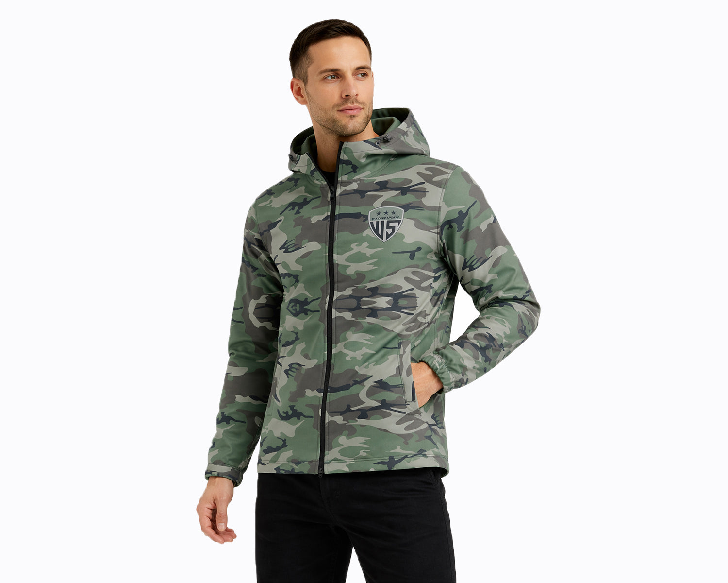 Wilcare men’s camouflage softshell jacket with hood and front zipper on white background