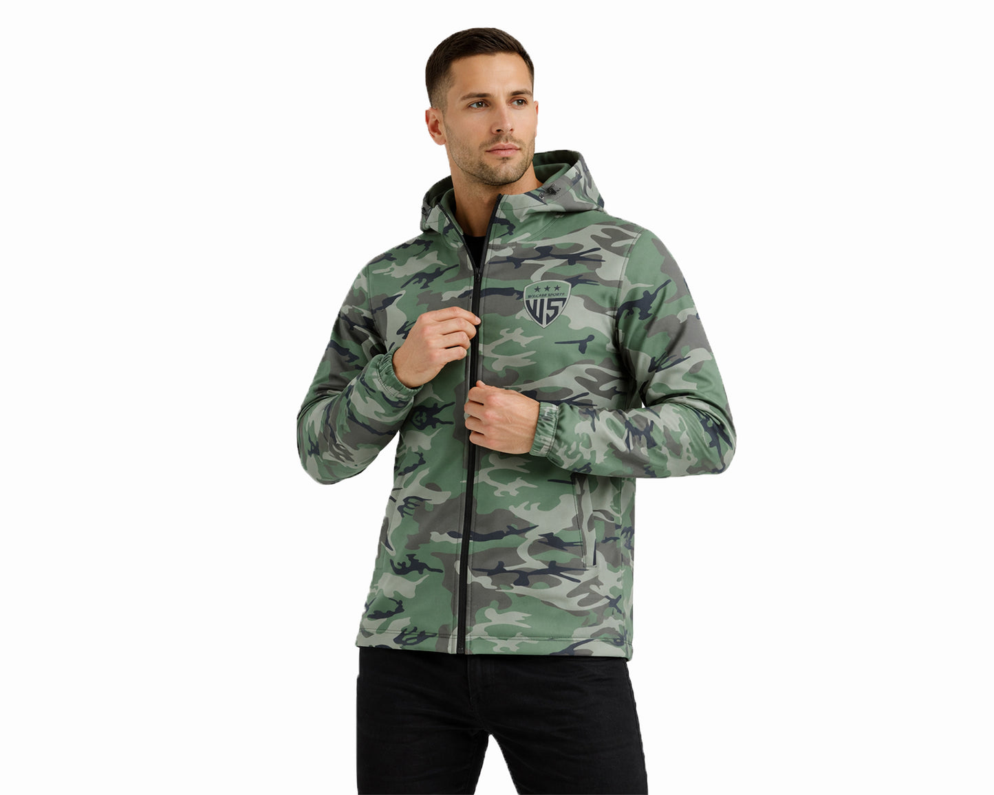 Man wearing a green camouflage sports jacket with hood, full zip, and chest logo