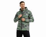 Man wearing a green camouflage sports jacket with hood, full zip, and chest logo