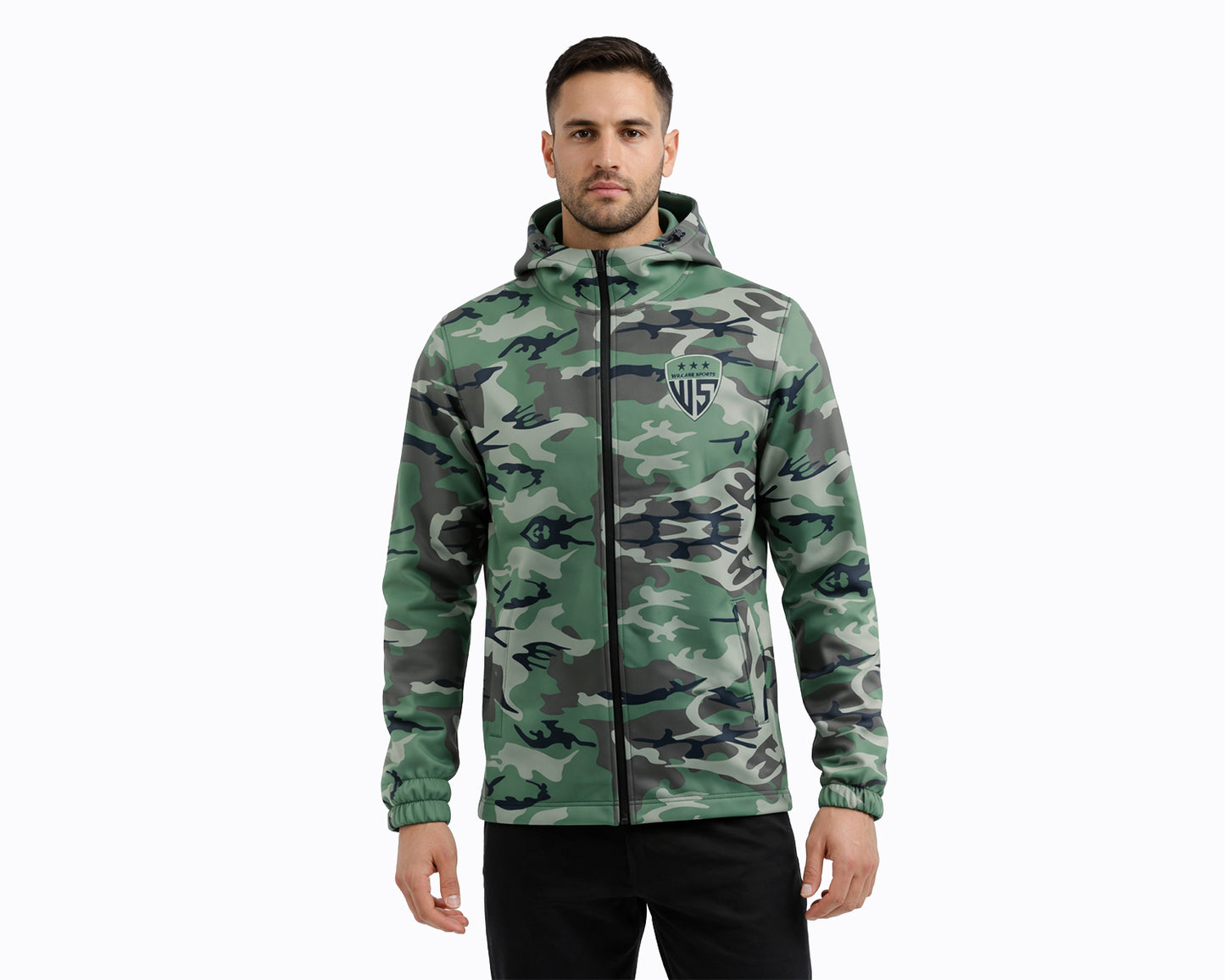 Men wearing green camo softshell hooded jacket with zip front and water-resistant fabric
