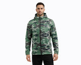 Men wearing green camo softshell hooded jacket with zip front and water-resistant fabric