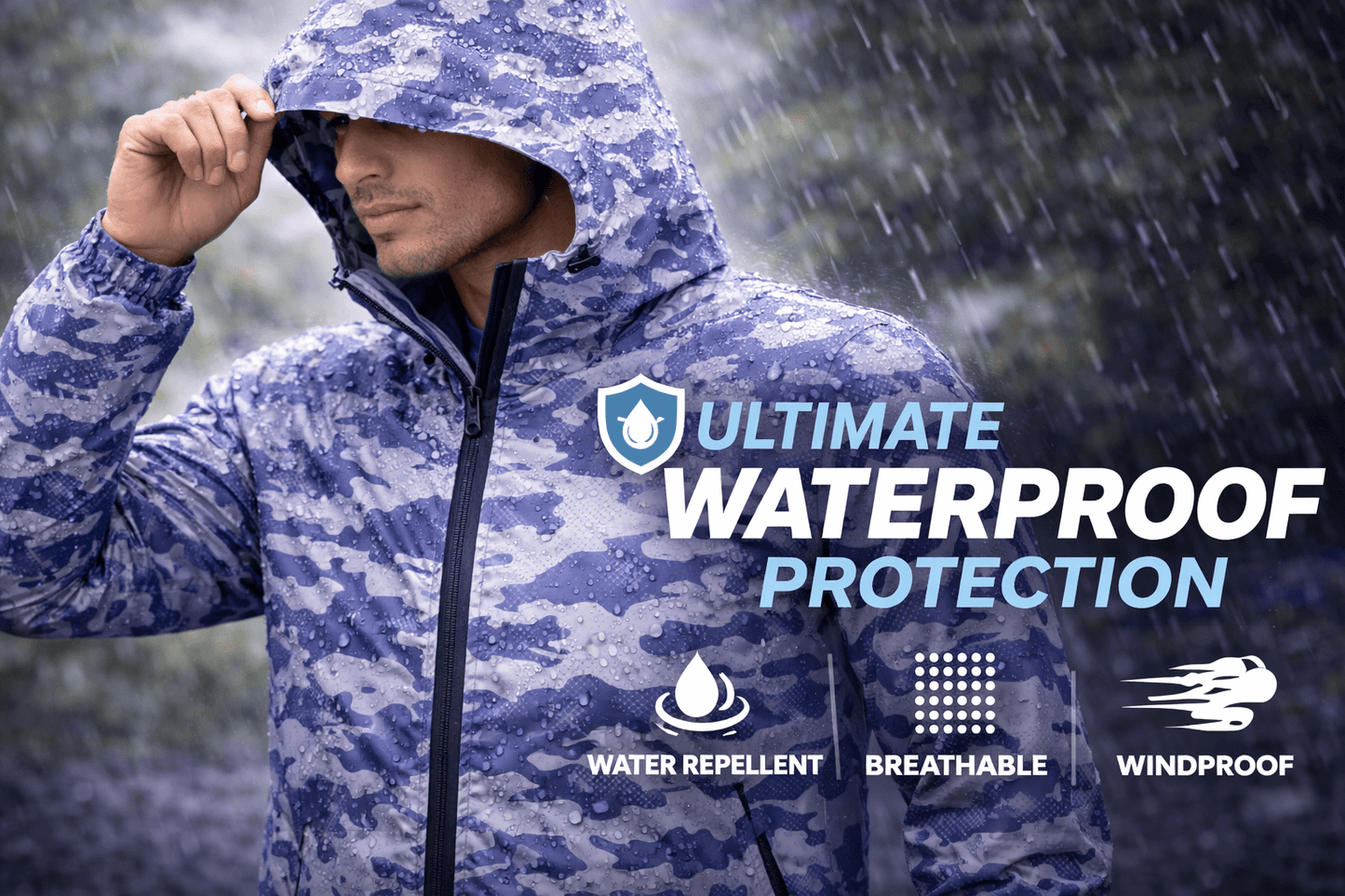 Back view of men’s camo rain jacket with hood lightweight water resistant windbreaker design
