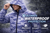 Back view of men’s camo rain jacket with hood lightweight water resistant windbreaker design