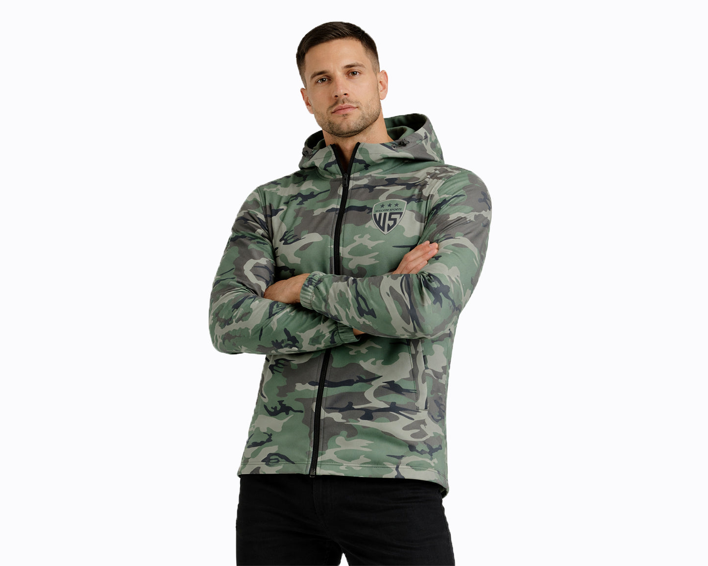 Men wearing green camo softshell hooded jacket with zip front and water-resistant fabric