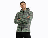 Men wearing green camo softshell hooded jacket with zip front and water-resistant fabric