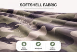 Close-up of camo softshell fabric with water droplets highlighting water-resistant, windproof, and stretchy qualities