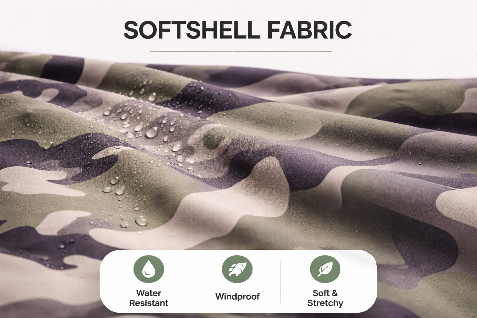 Close-up of camo softshell fabric with water droplets highlighting water-resistant, windproof, and stretchy qualities