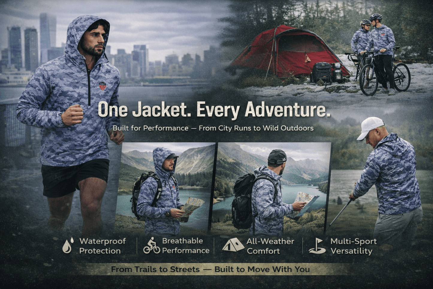 Men wearing camo rain jacket lightweight windbreaker during outdoor running and hiking activity