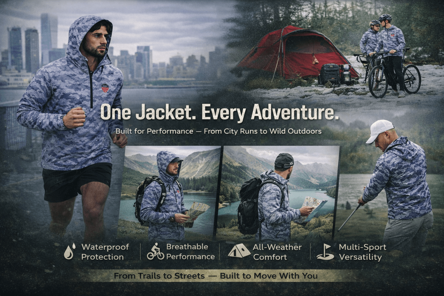 Men wearing camo rain jacket lightweight windbreaker during outdoor running and hiking activity