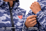 Closeup of front pocket on men’s camo rain jacket waterproof windbreaker with functional storage