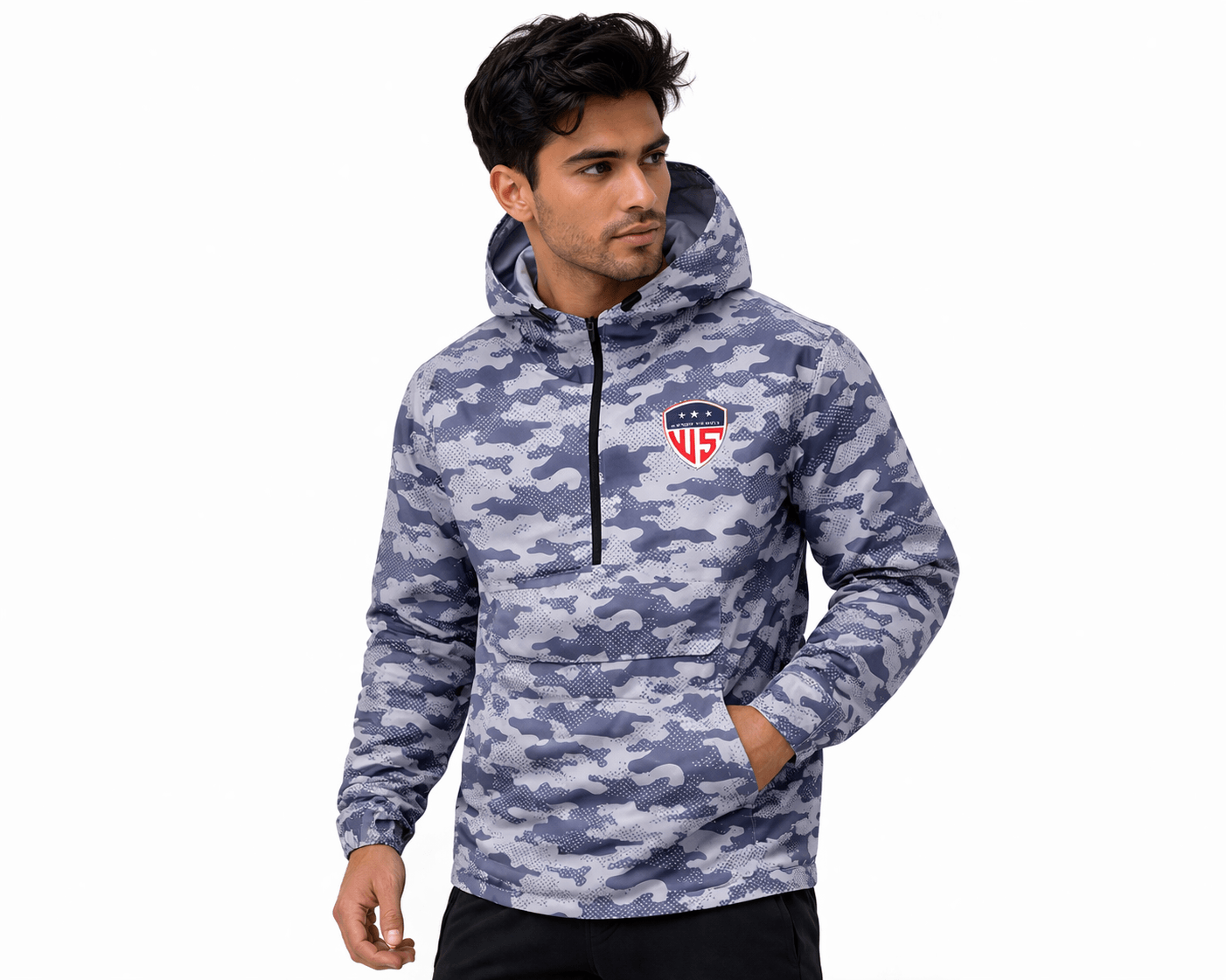 Men’s camo rain jacket waterproof hooded windbreaker with half zip pullover front view on white background