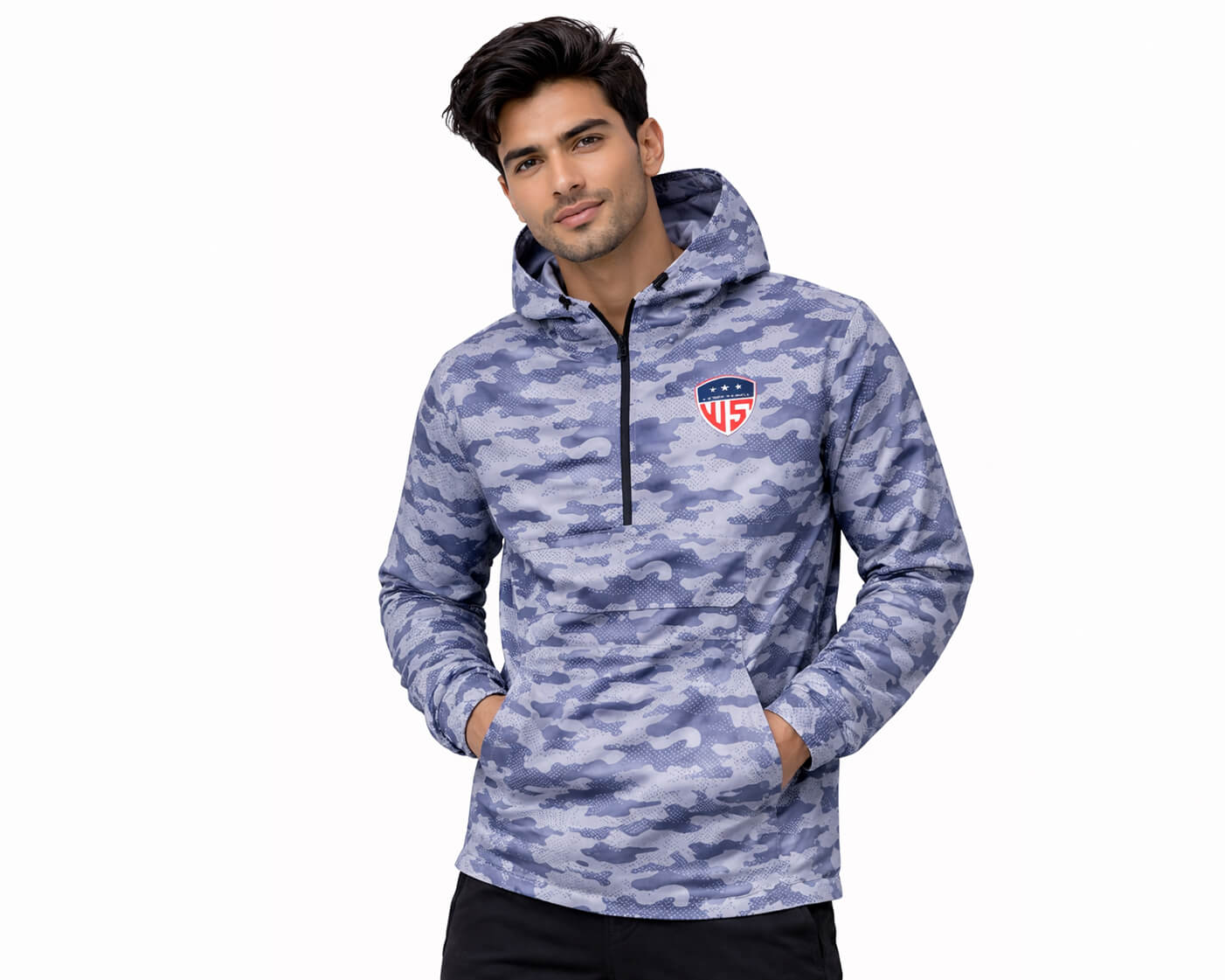 Side view of men’s lightweight camo windbreaker hooded rain jacket for outdoor sports and running